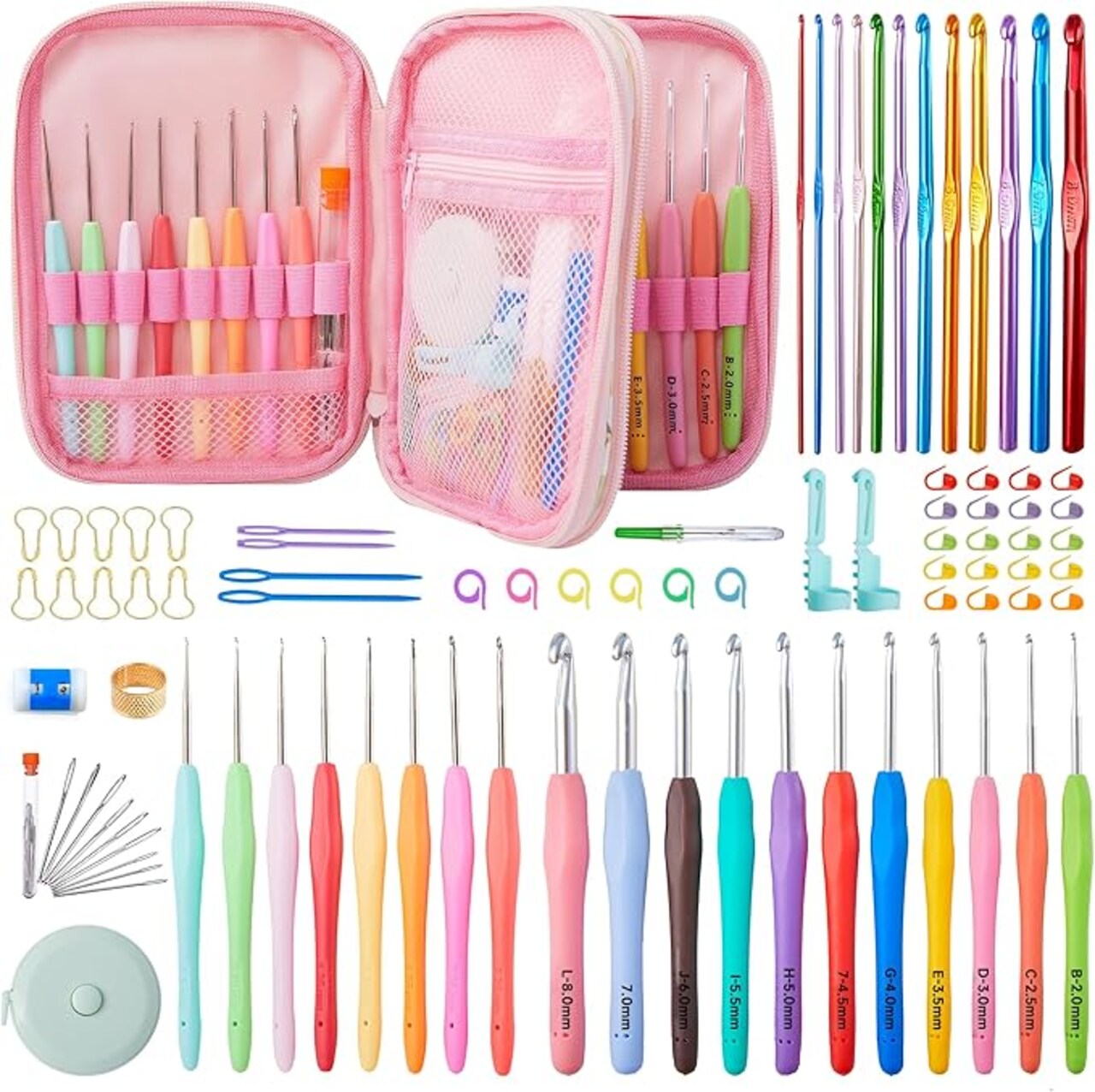 87 Pcs Crochet Hook Set, 19 Sizes 0.5mm-8mm(L), Ergonomic Soft Grip Handles Crochet Needles Kit with Case for Arthritic Hands, Crochet Starter Kit for Beginners Knitting Yarn Lovers